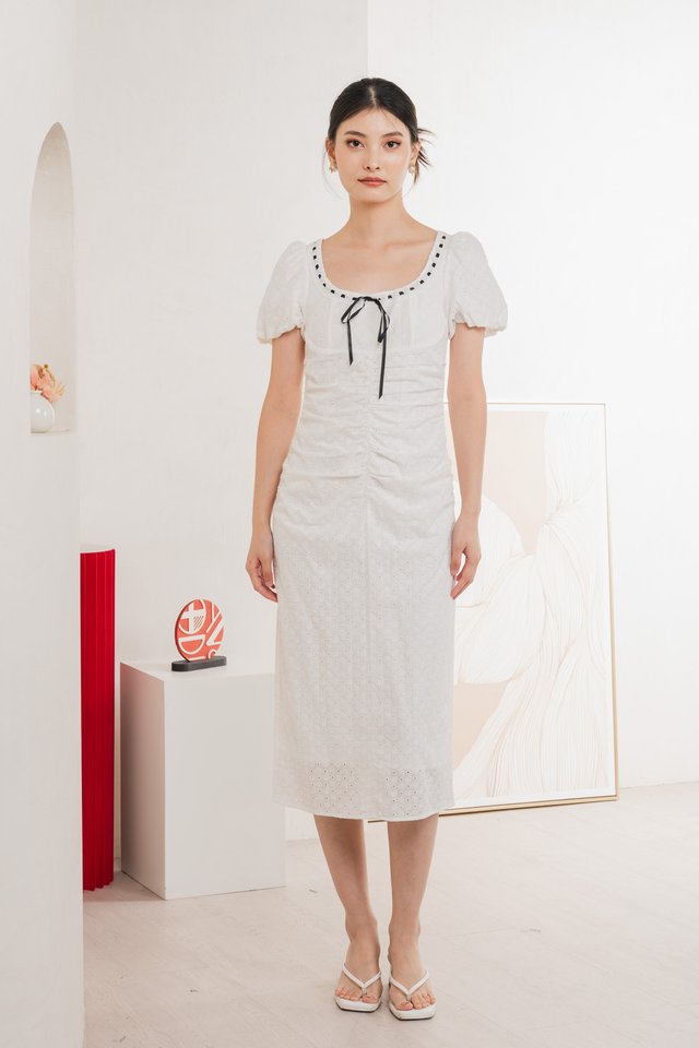 Rose Ruched Ribbonette Midi Dress In White