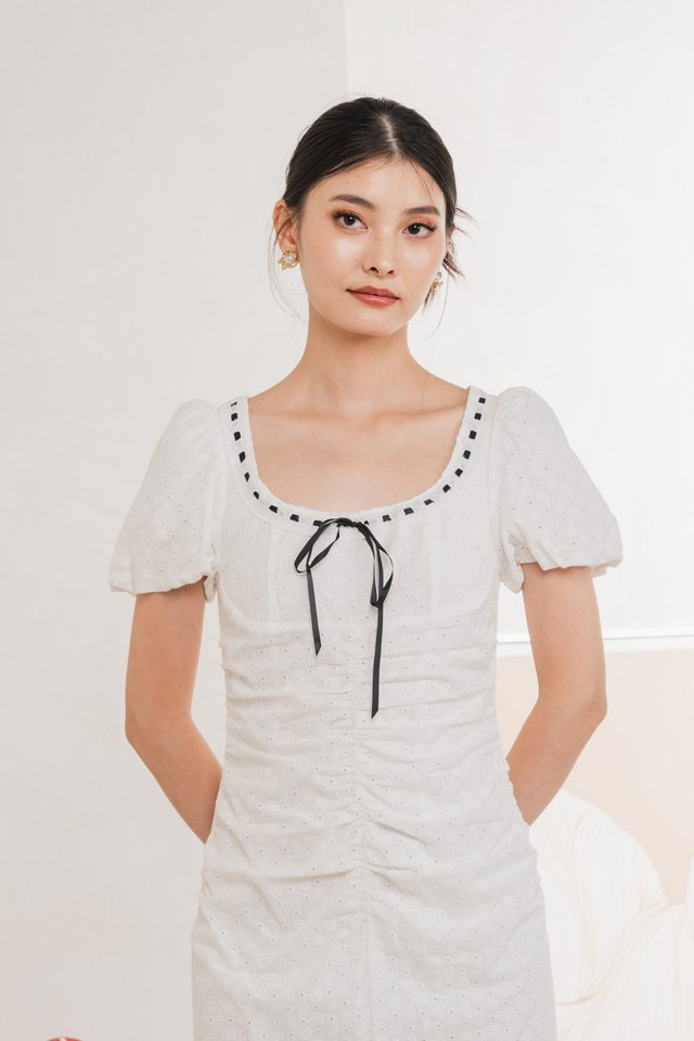 Rose Ruched Ribbonette Midi Dress In White