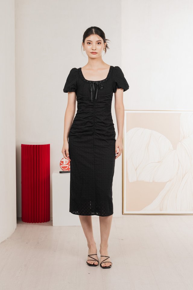 Rose Ruched Ribbonette Midi Dress In Black