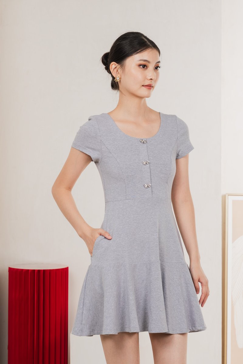 Caspia Ribbon Button Cotton Dress In Grey