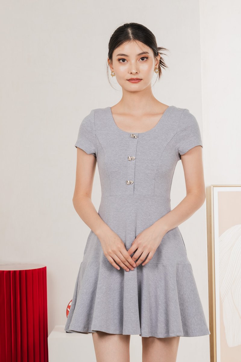 Caspia Ribbon Button Cotton Dress In Grey