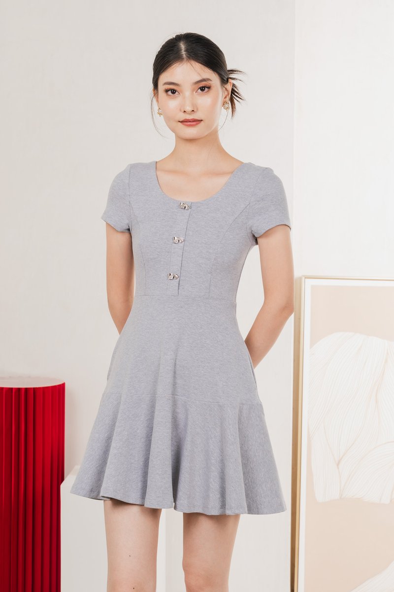 Caspia Ribbon Button Cotton Dress In Grey