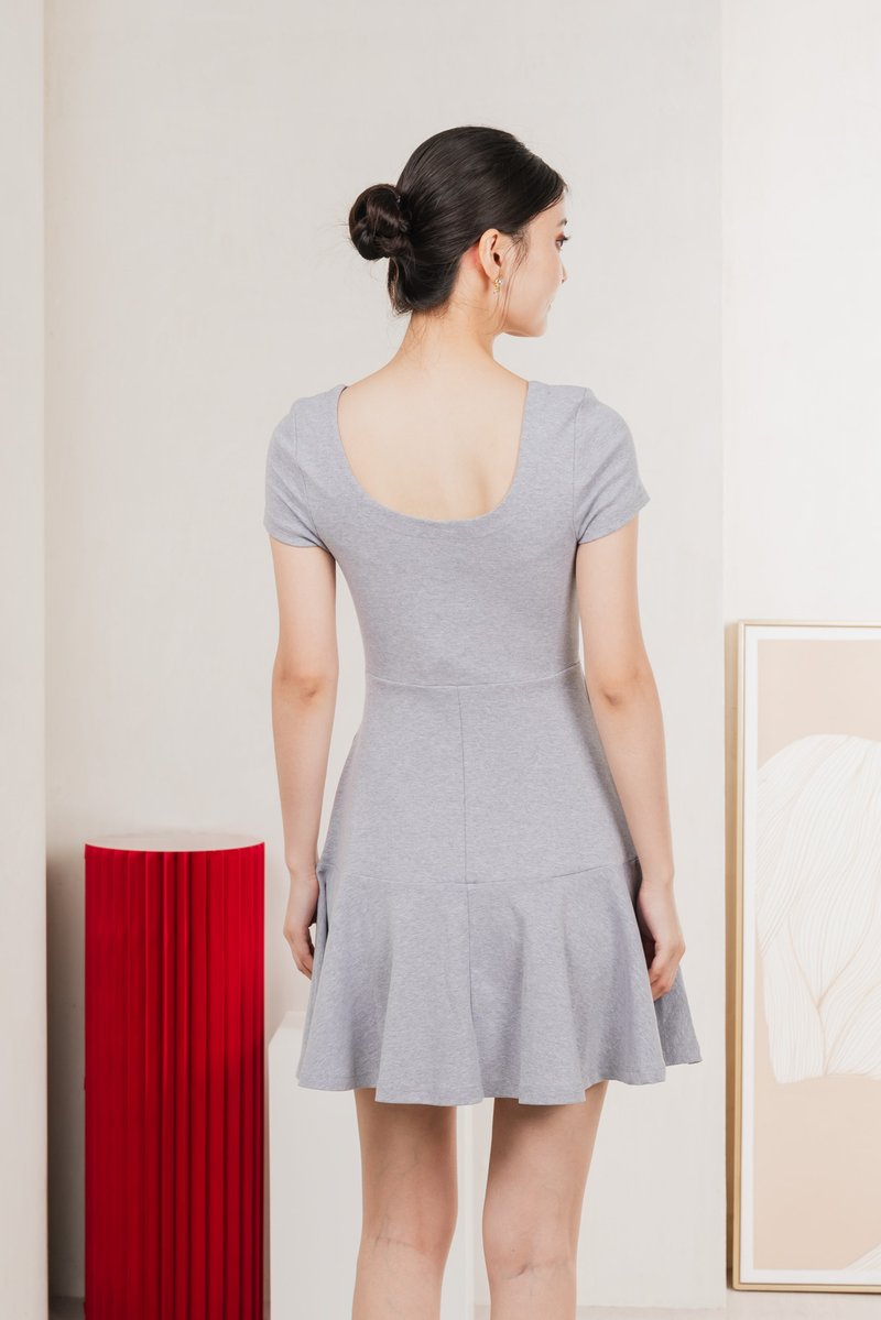 Caspia Ribbon Button Cotton Dress In Grey