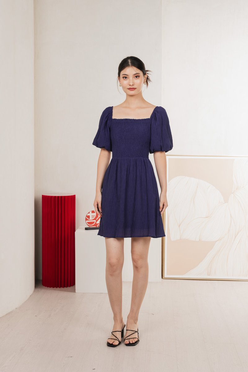 Dewdrop Textured Smocked Dress In Navy