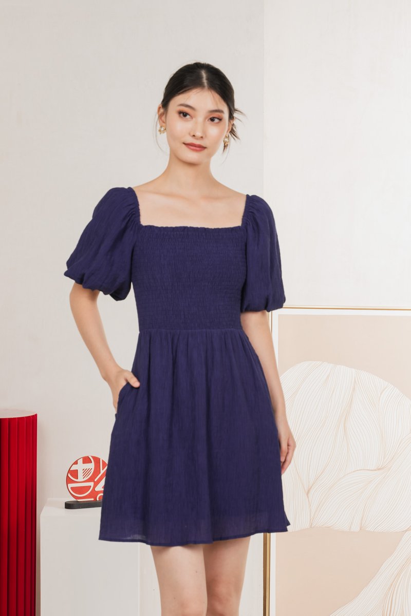 Dewdrop Textured Smocked Dress In Navy
