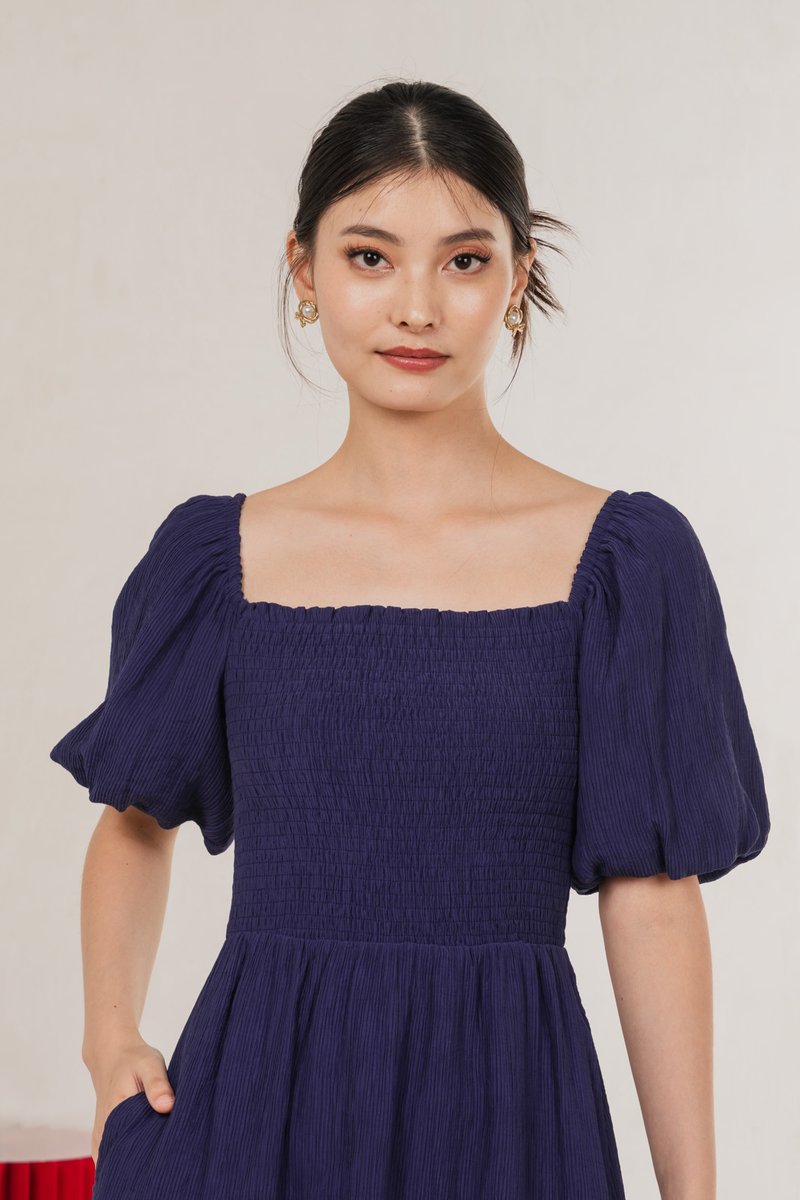Dewdrop Textured Smocked Dress In Navy