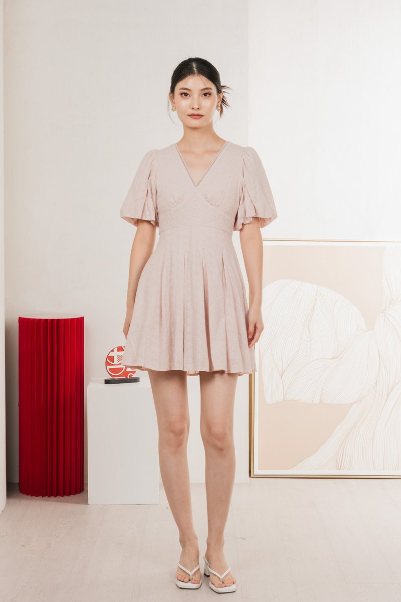 Esme Empire Broderie Dress In Dusty Pink