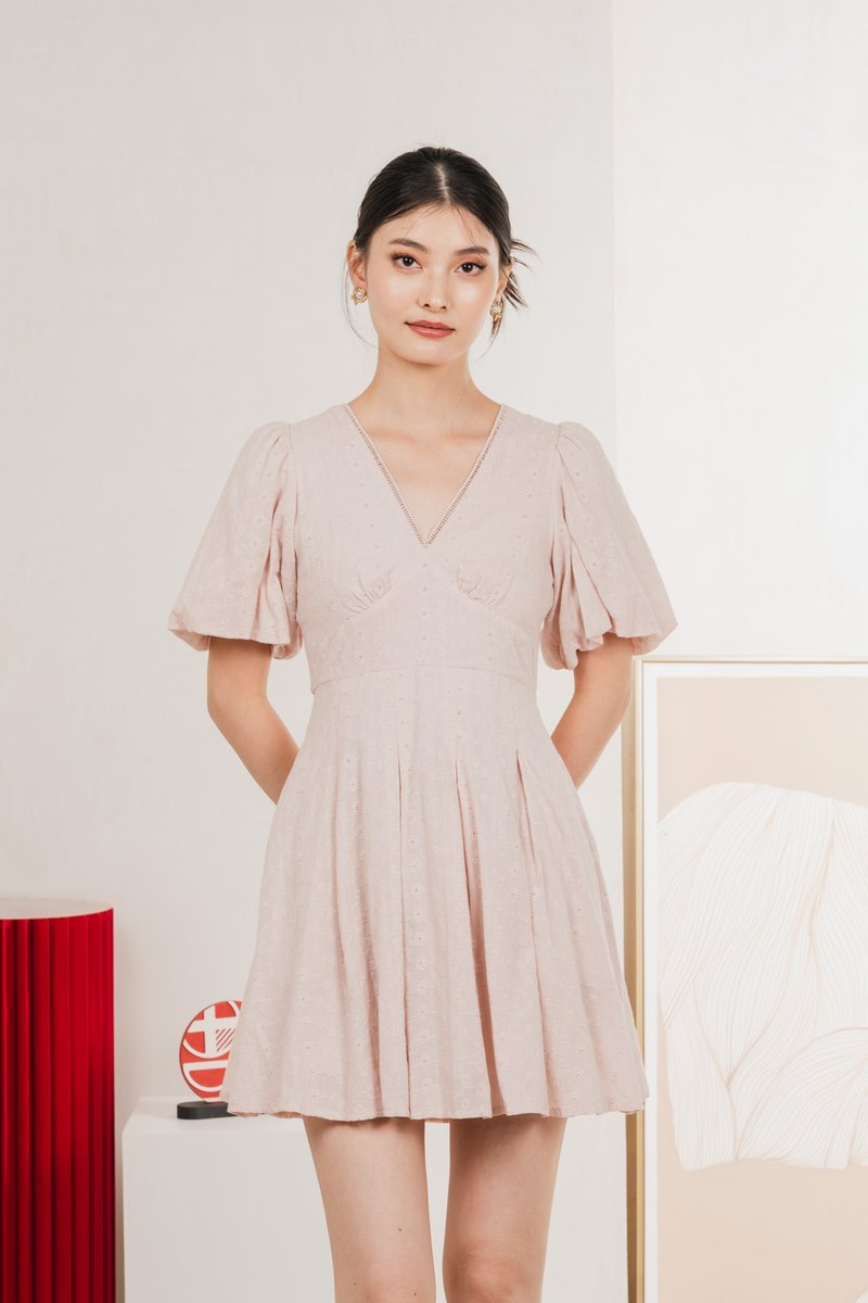 Esme Empire Broderie Dress In Dusty Pink