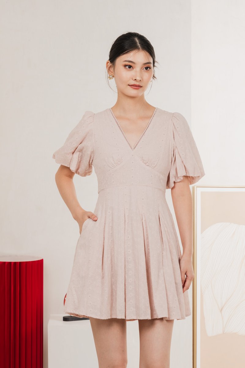 Esme Empire Broderie Dress In Dusty Pink
