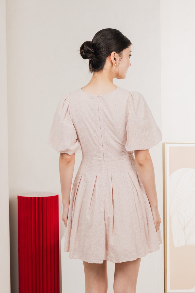 Esme Empire Broderie Dress In Dusty Pink