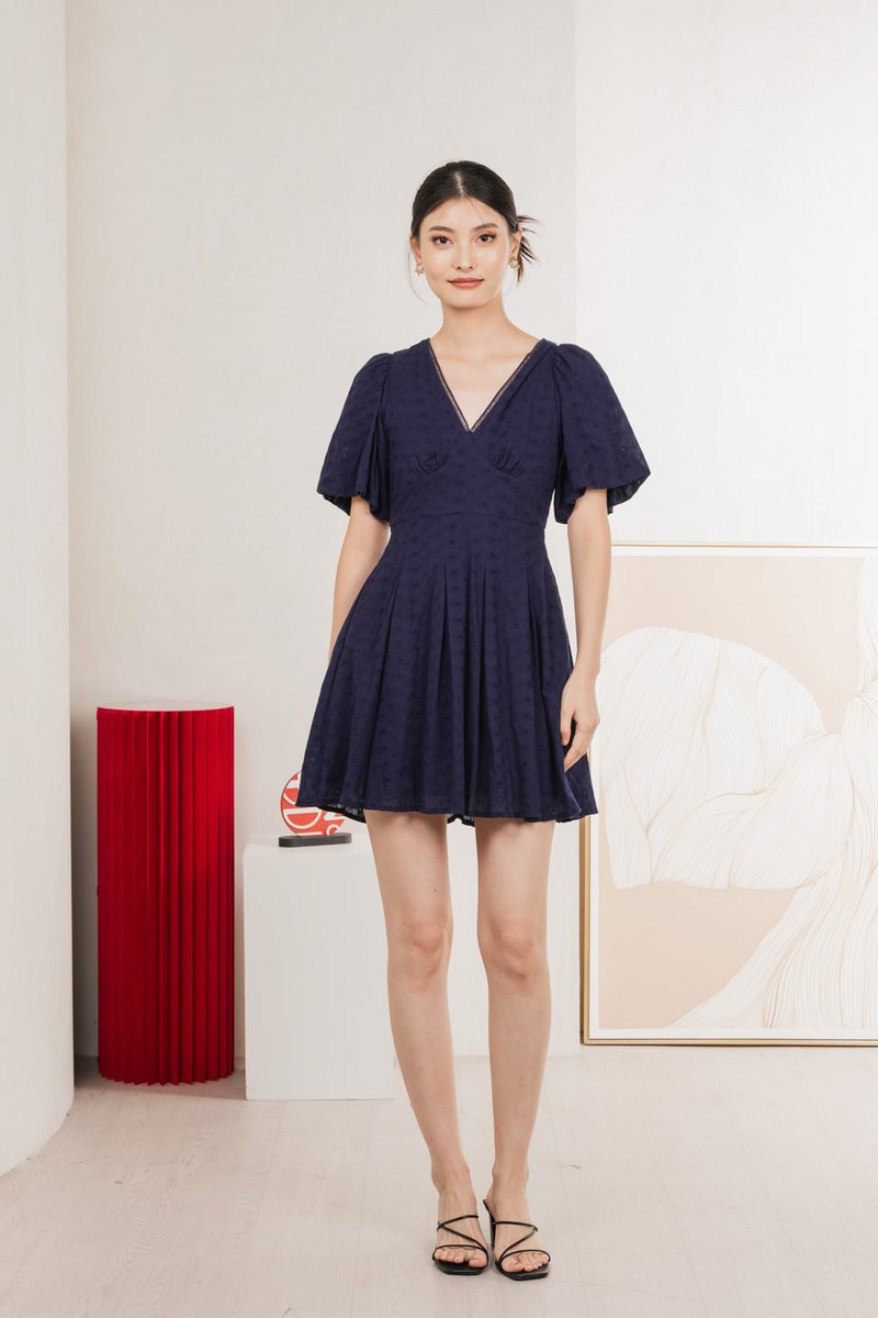 Esme Empire Broderie Dress In Navy (XS)