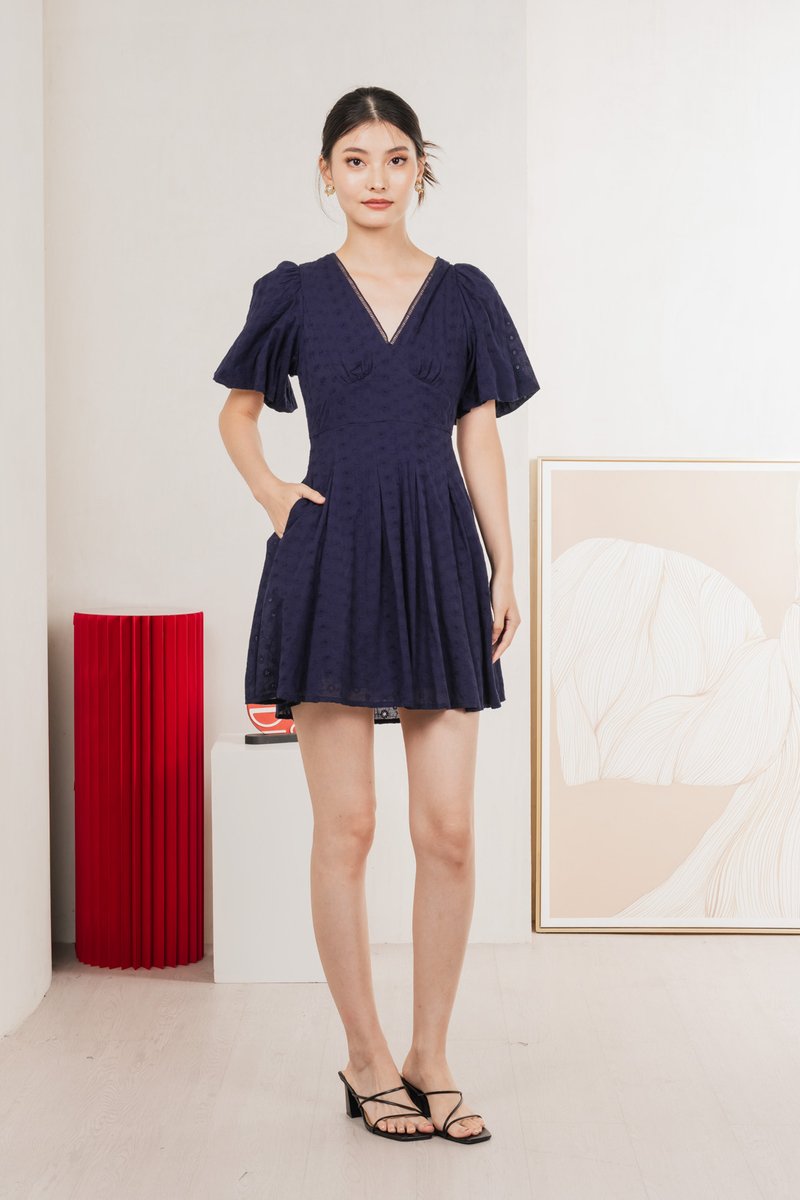 Esme Empire Broderie Dress In Navy (XS)