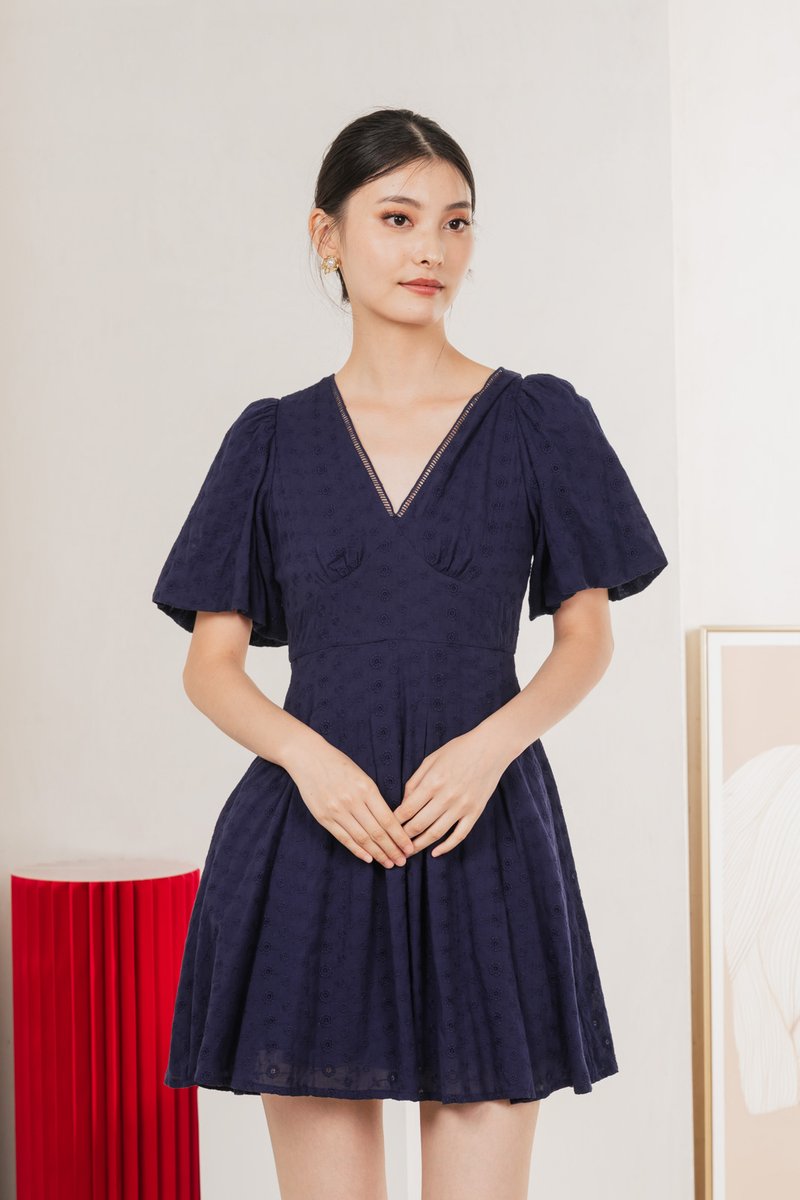 Esme Empire Broderie Dress In Navy (XS)