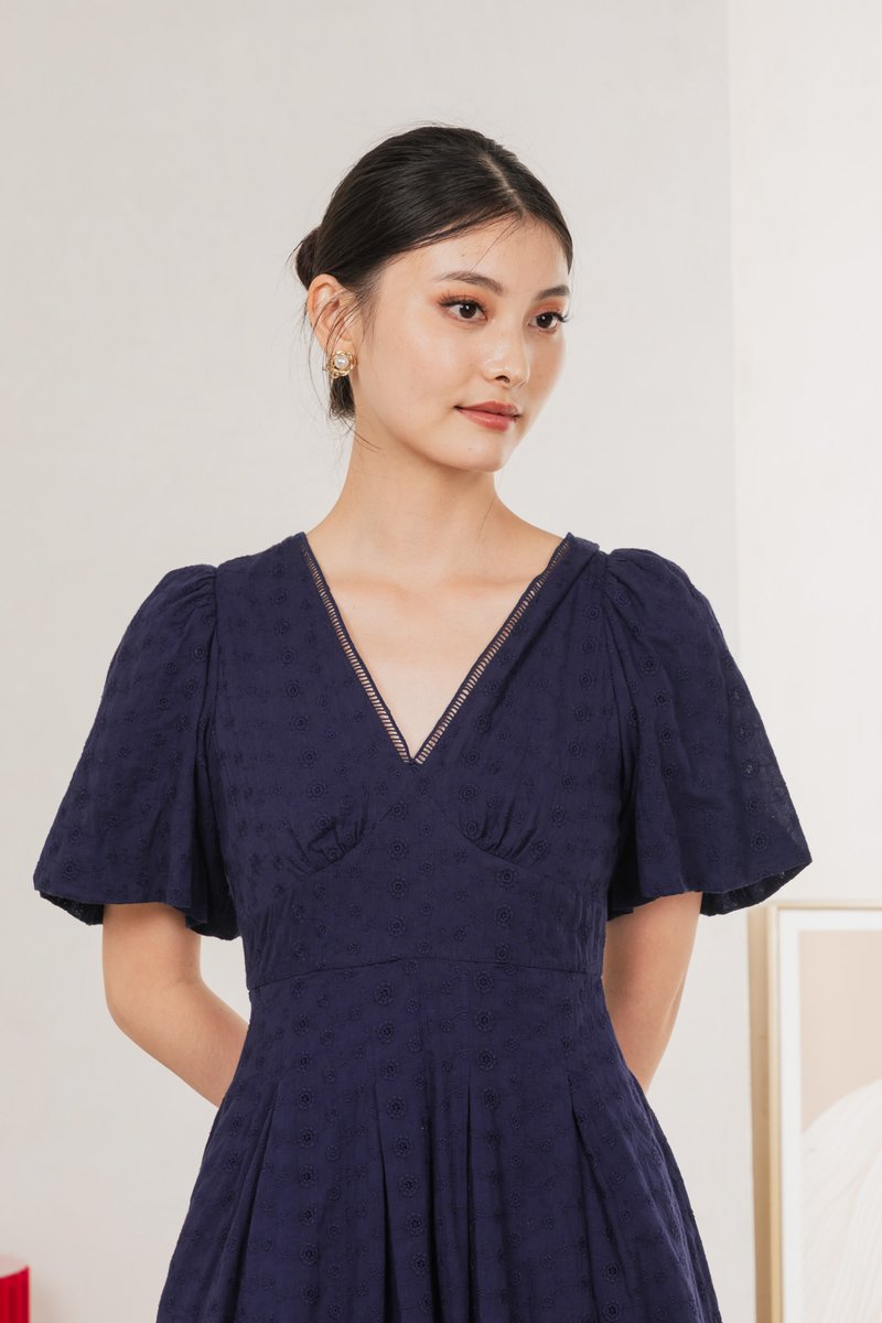 Esme Empire Broderie Dress In Navy (XS)