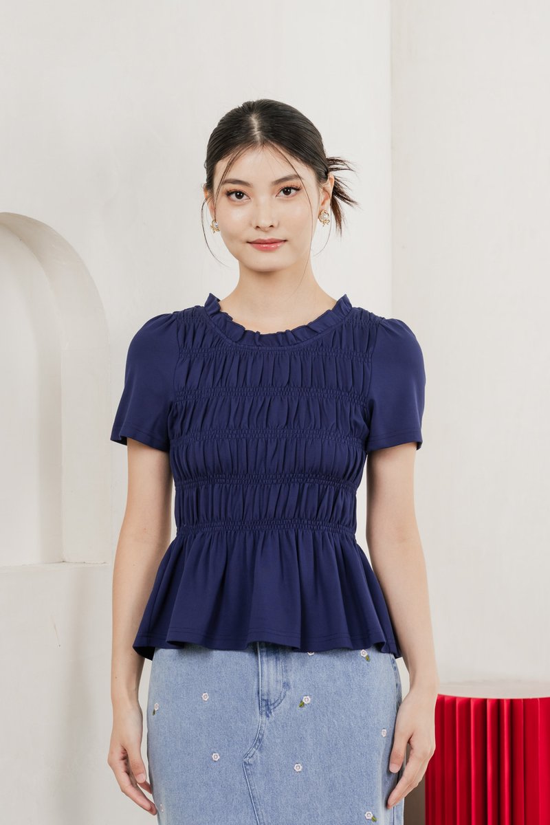 Alya Cotton Smocked Top In Navy