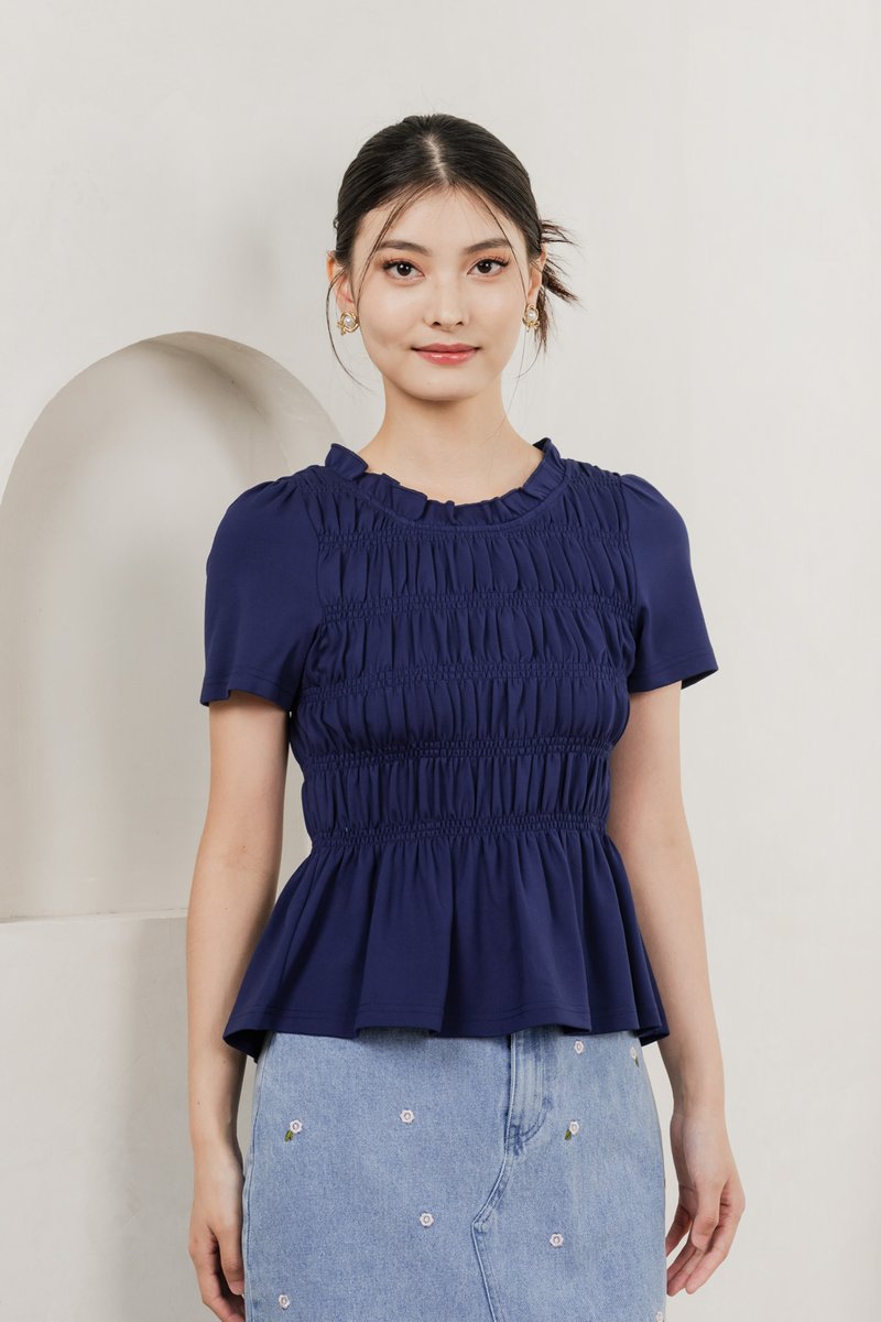 Alya Cotton Smocked Top In Navy