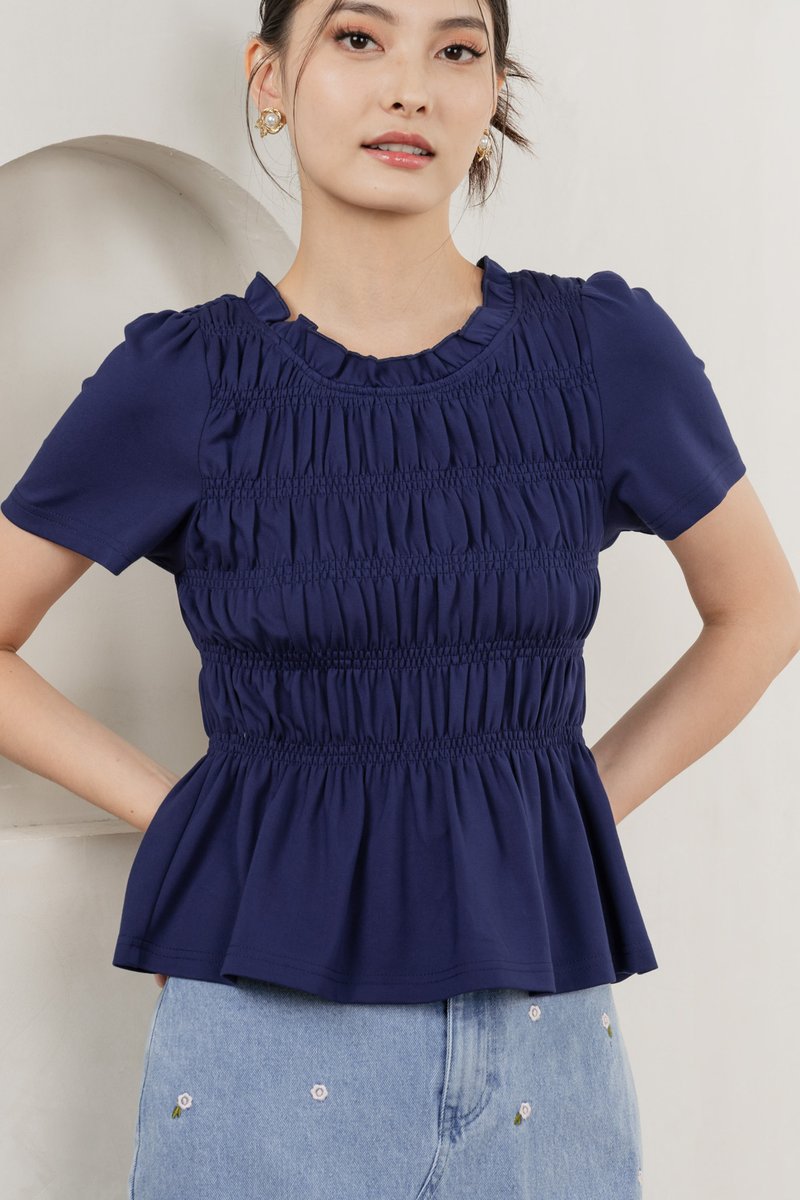 Alya Cotton Smocked Top In Navy