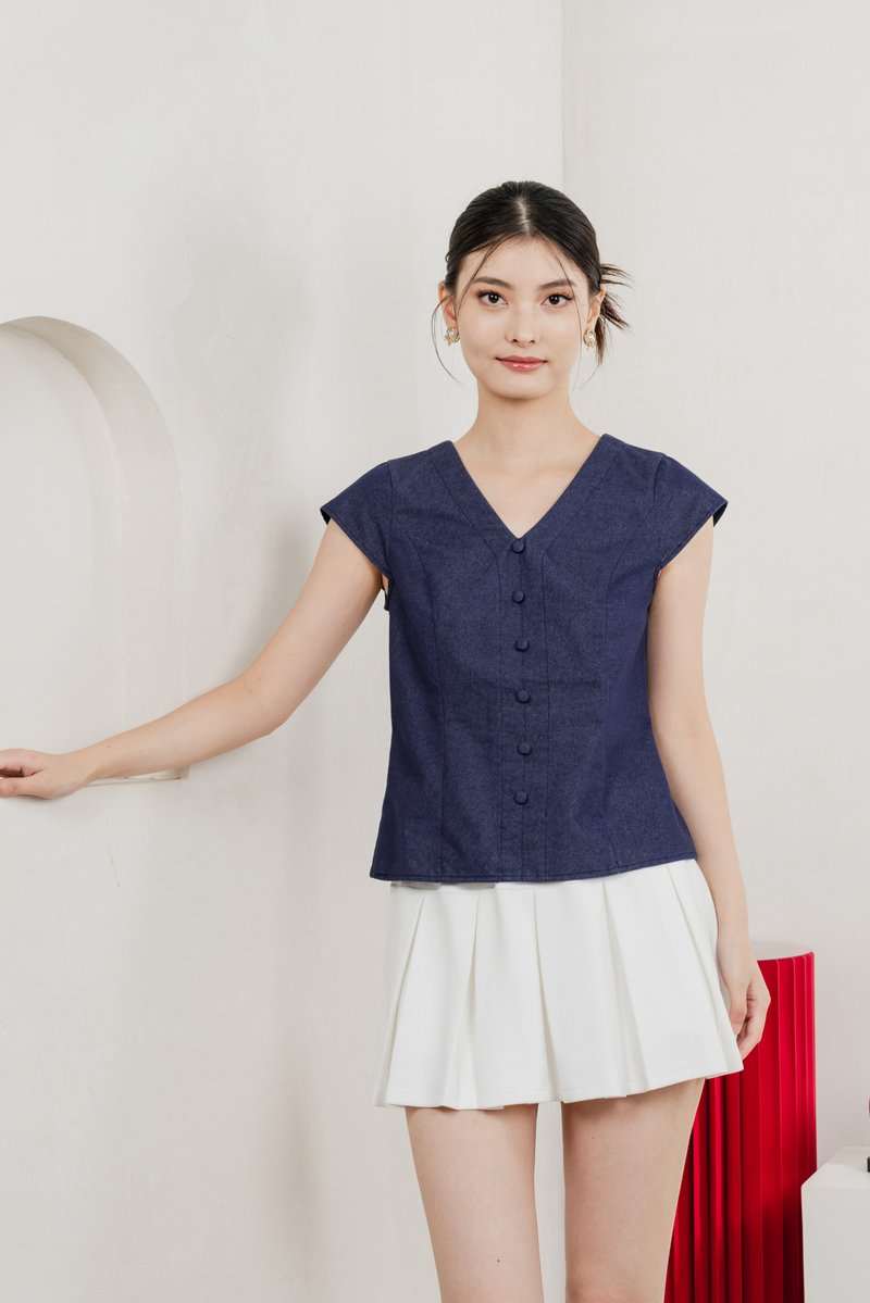 Bluebell Cap Sleeves Button Top In Dark Wash
