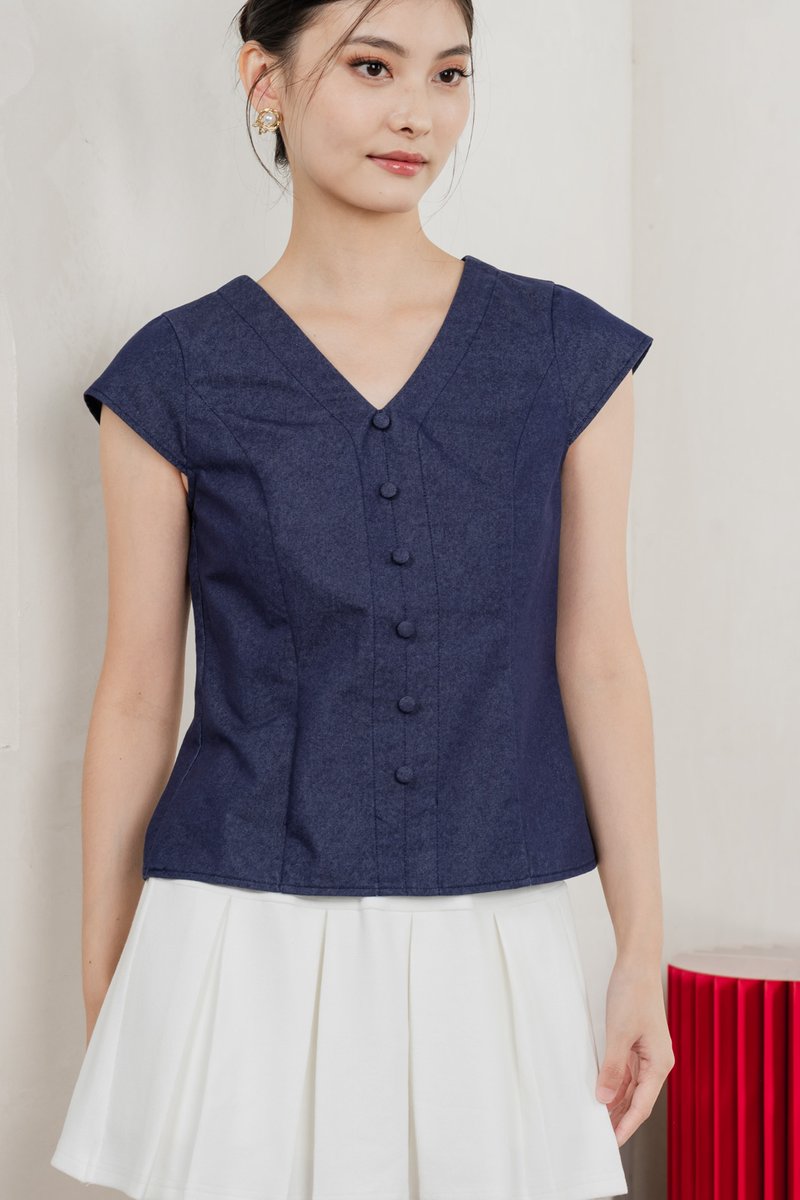 Bluebell Cap Sleeves Button Top In Dark Wash