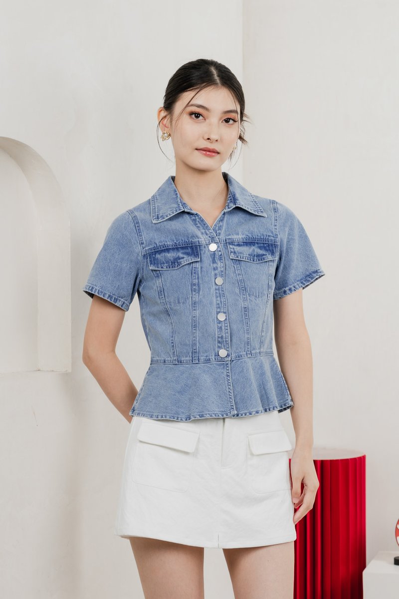 Elfa Denim Panelled Button Top In Dark Wash