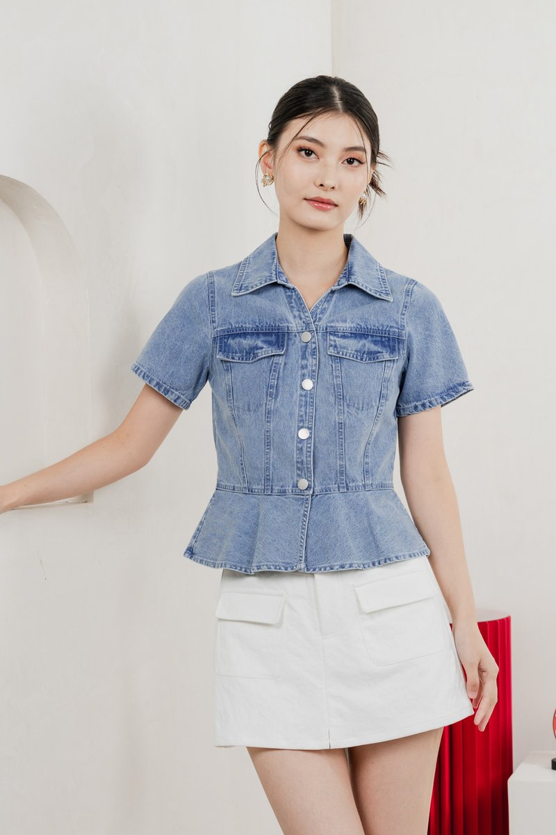 Elfa Denim Panelled Button Top In Dark Wash
