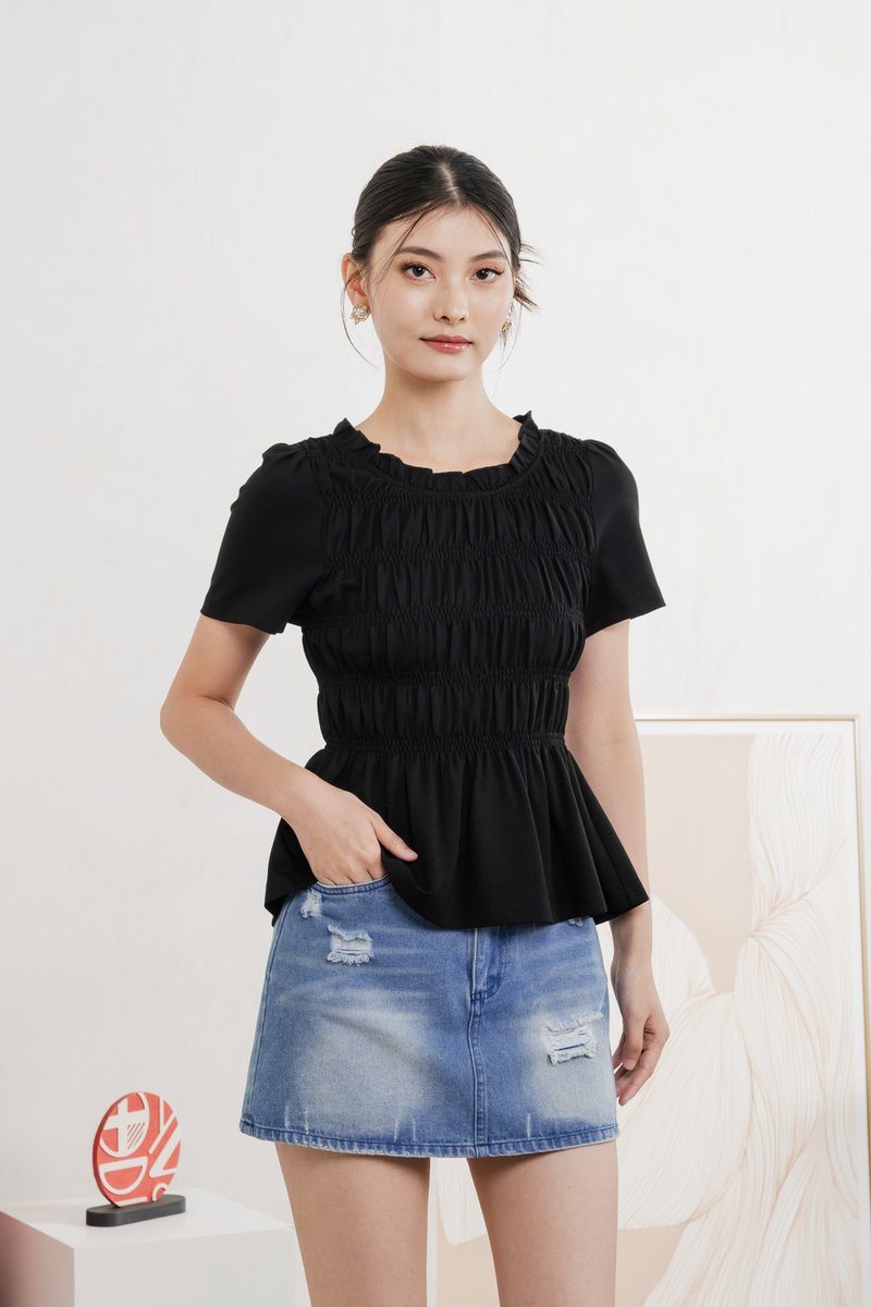 Alya Cotton Smocked Top In Black