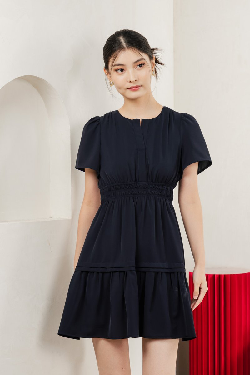 Mia Smocked Waist Pleated Dress In Navy
