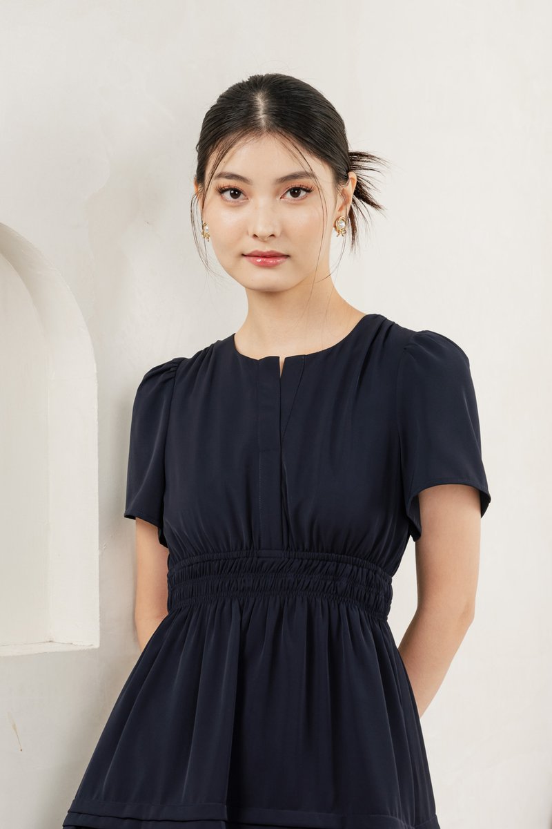 Mia Smocked Waist Pleated Dress In Navy
