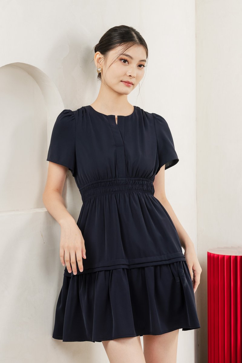 Mia Smocked Waist Pleated Dress In Navy