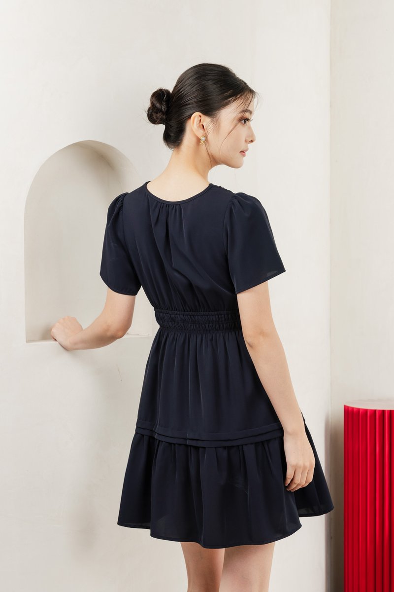 Mia Smocked Waist Pleated Dress In Navy