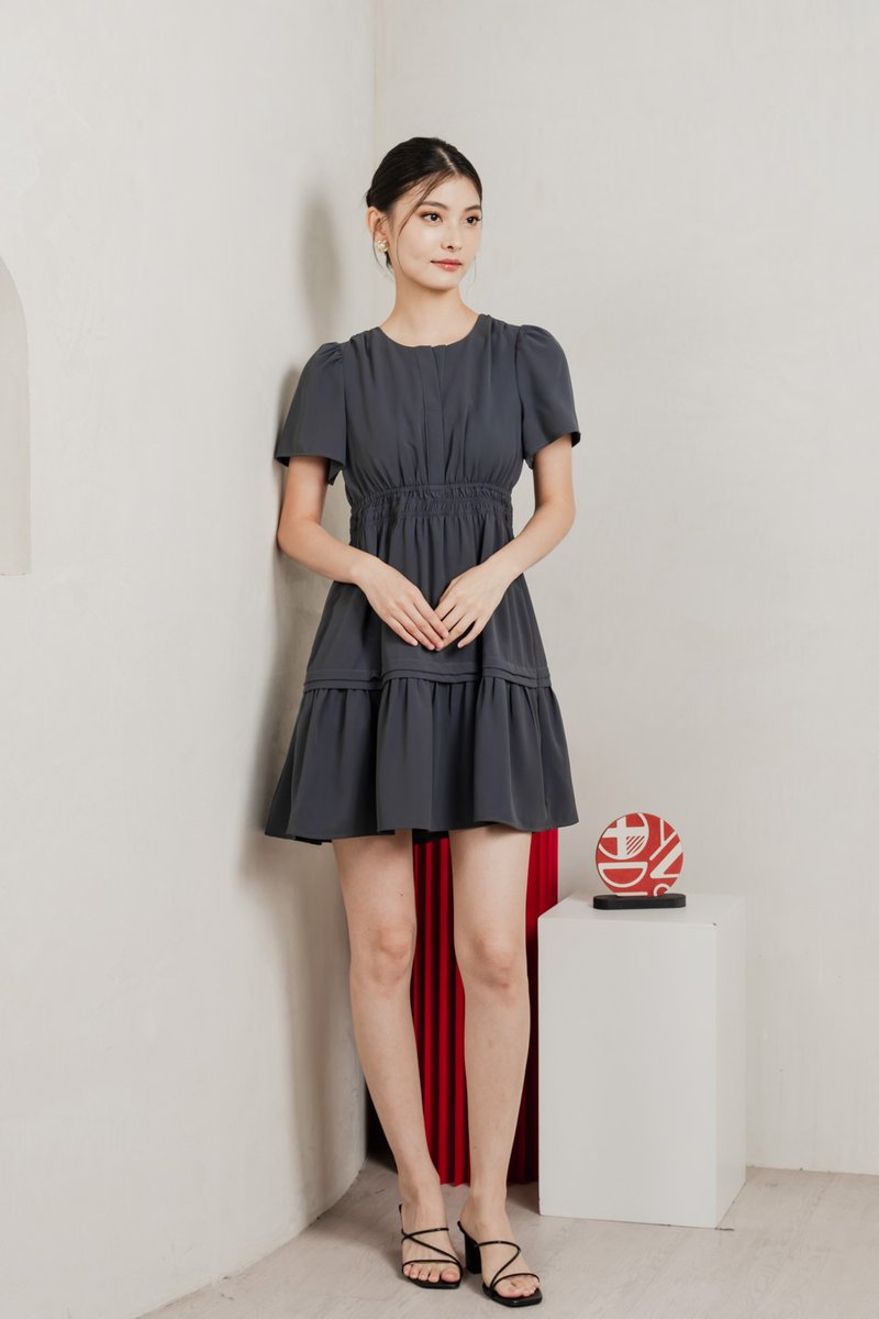 Mia Smocked Waist Pleated Dress In Gunmetal