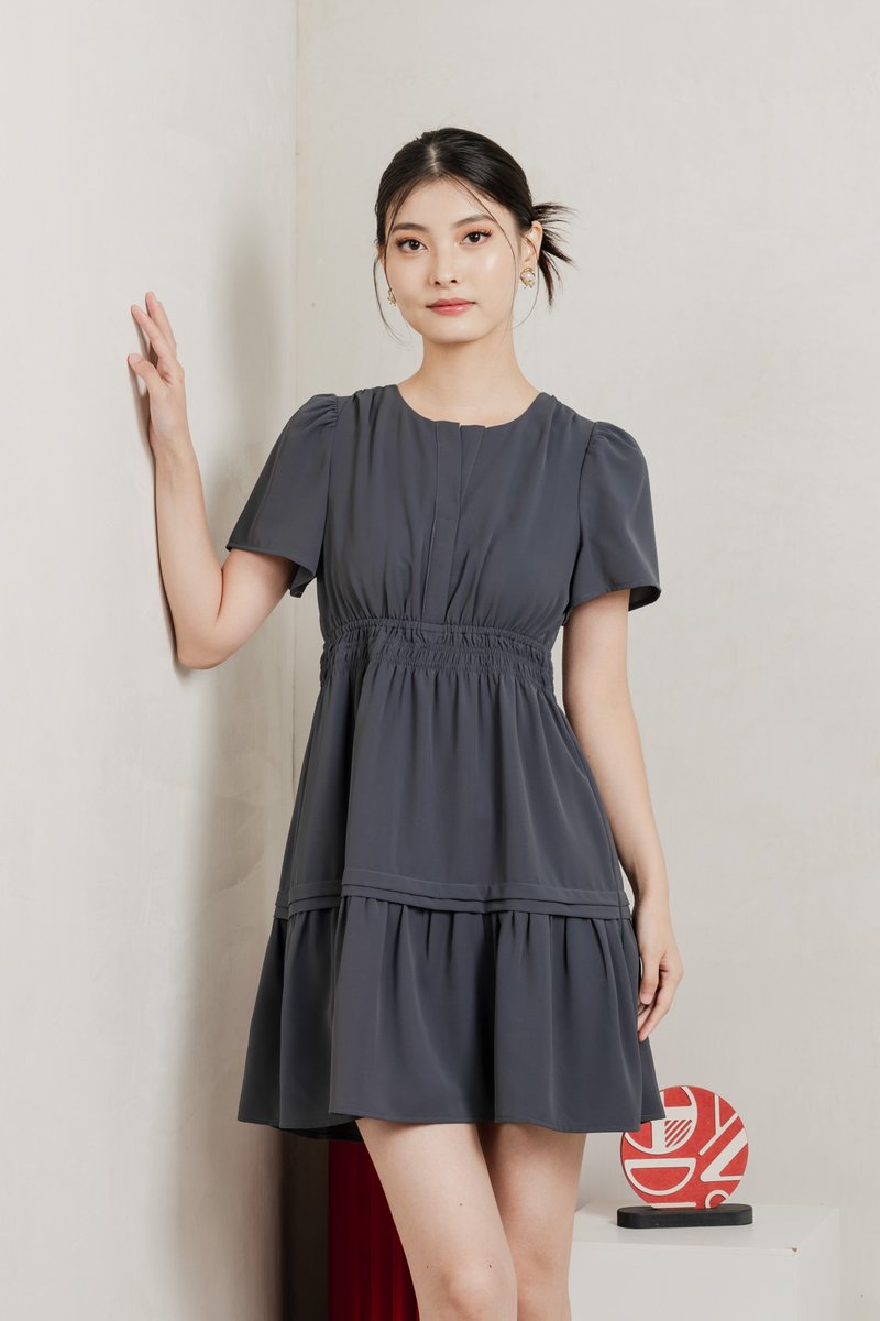 Mia Smocked Waist Pleated Dress In Gunmetal