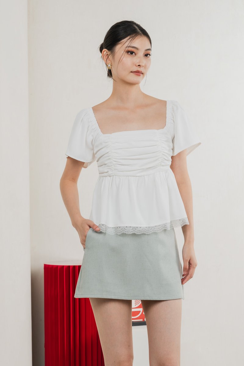 Mabel Ruched Lace Top In White