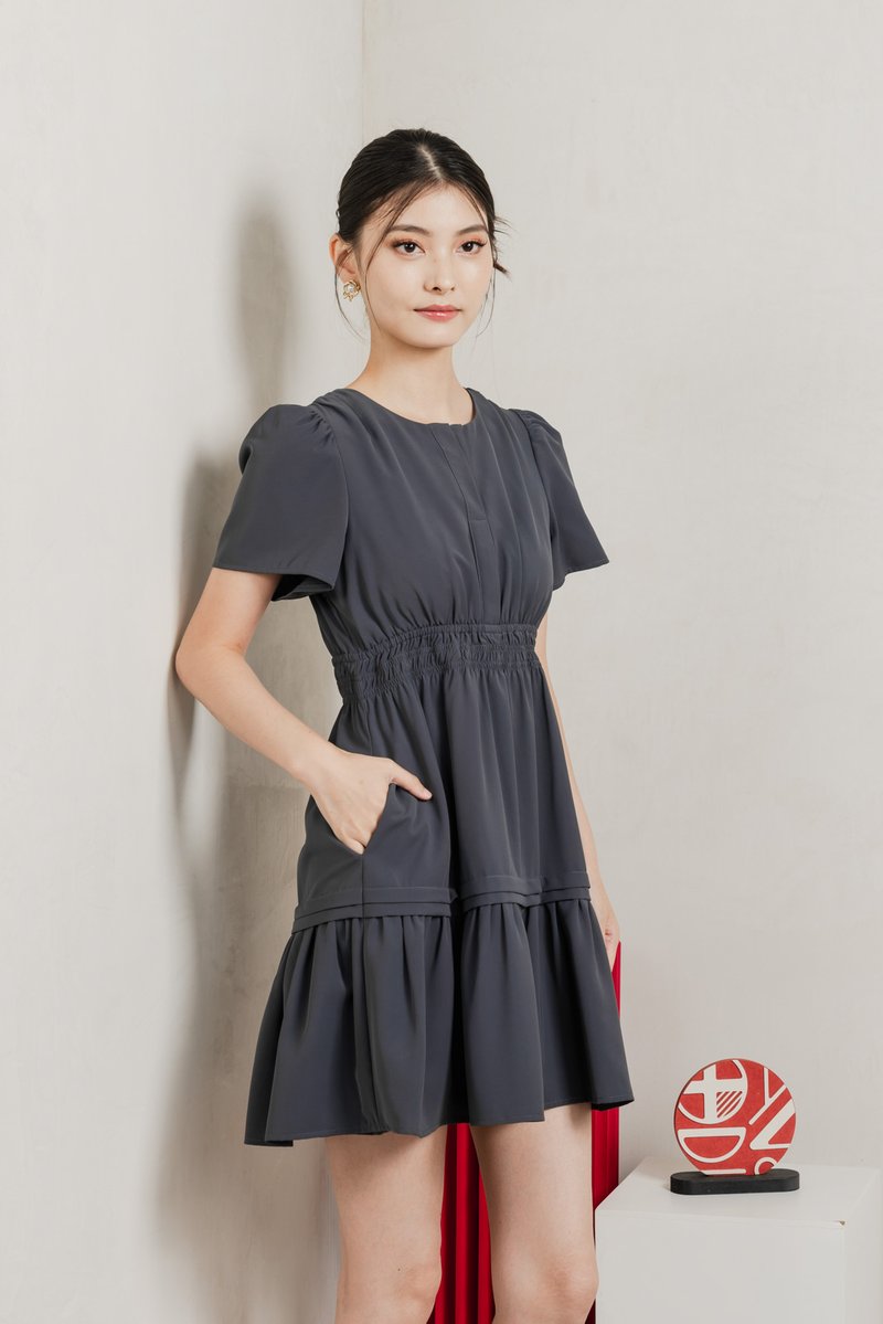 Mia Smocked Waist Pleated Dress In Gunmetal