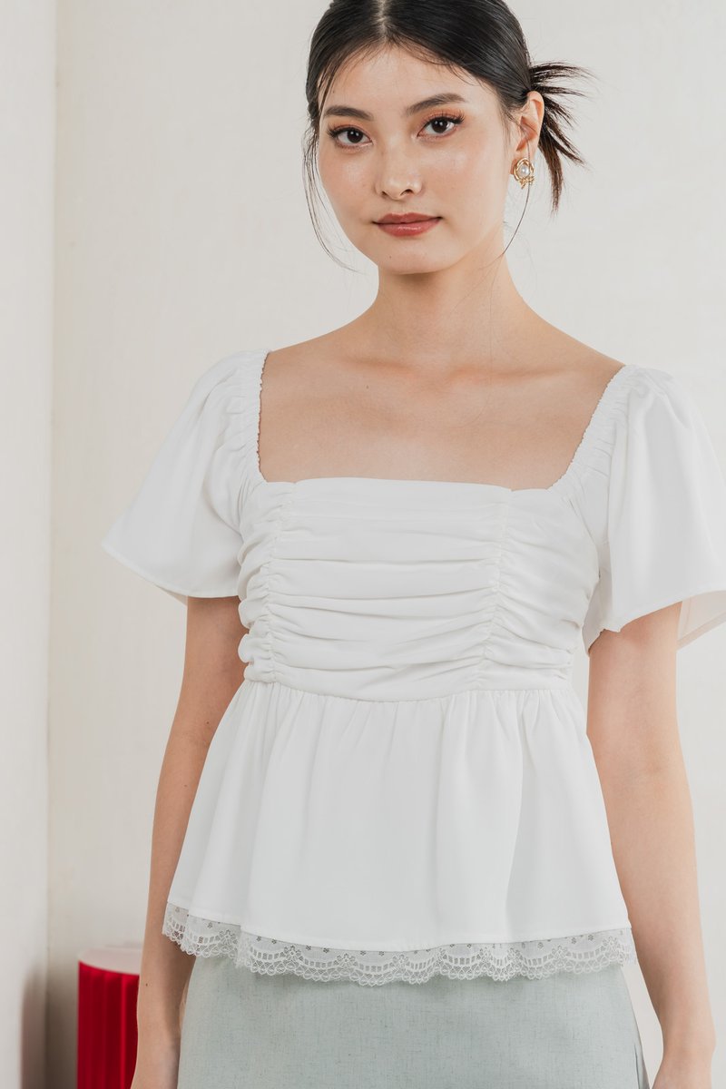 Mabel Ruched Lace Top In White