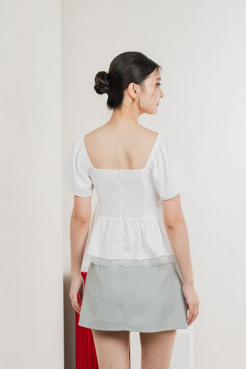 Mabel Ruched Lace Top In White