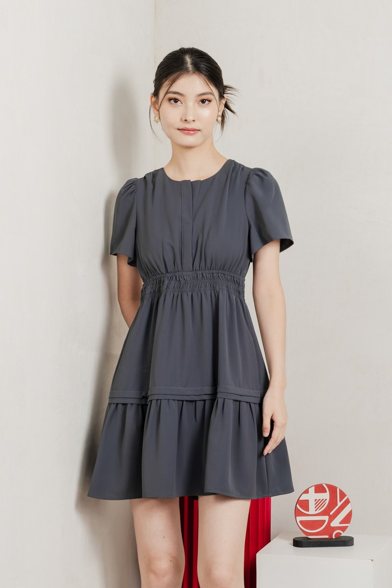 Mia Smocked Waist Pleated Dress In Gunmetal