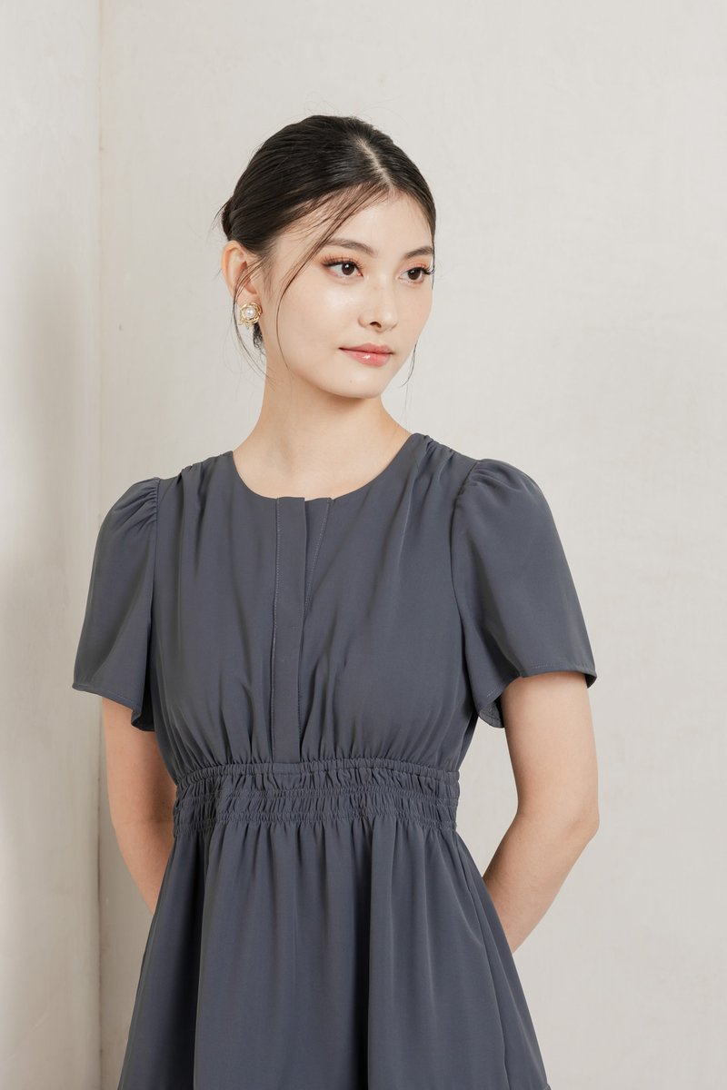 Mia Smocked Waist Pleated Dress In Gunmetal