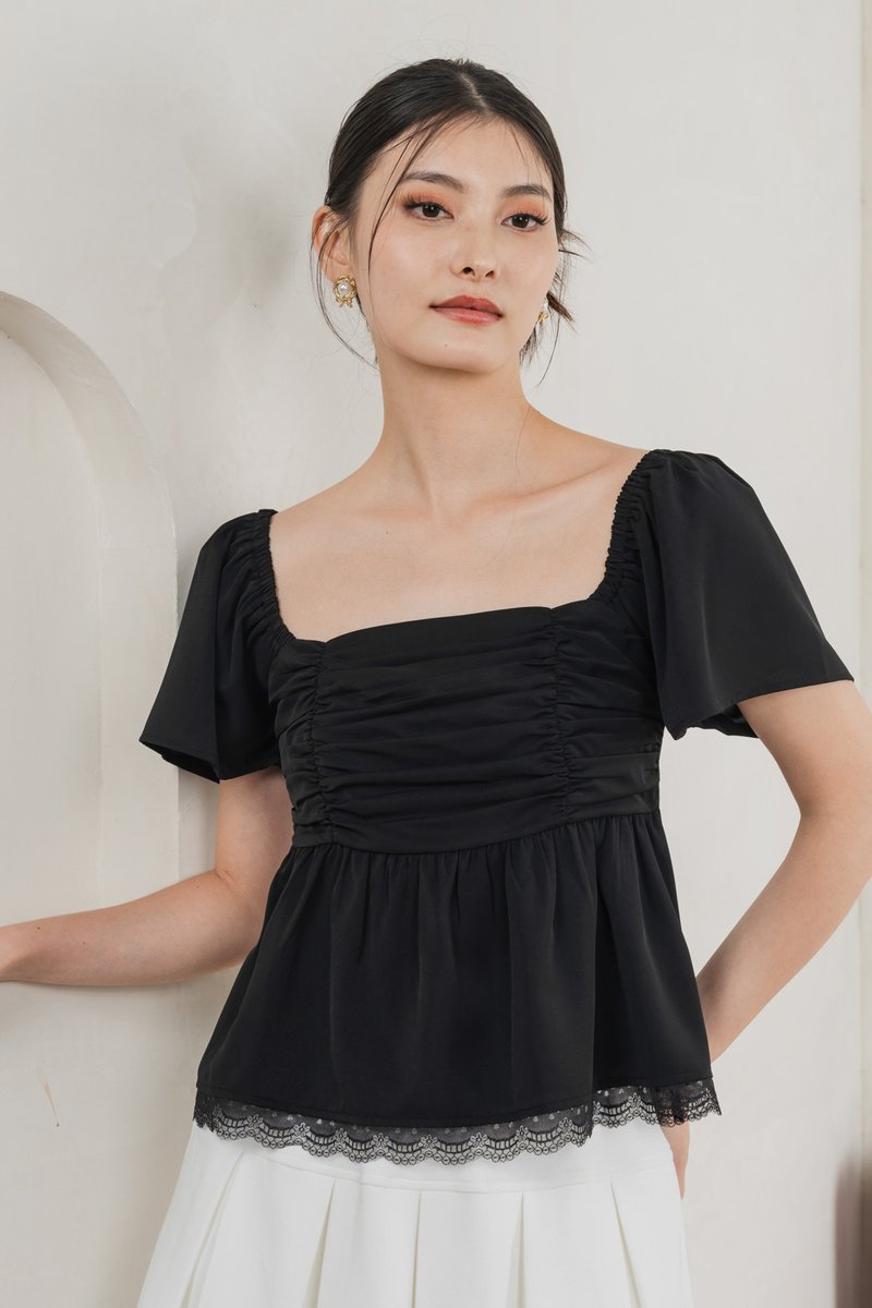 Mabel Ruched Lace Top In Black