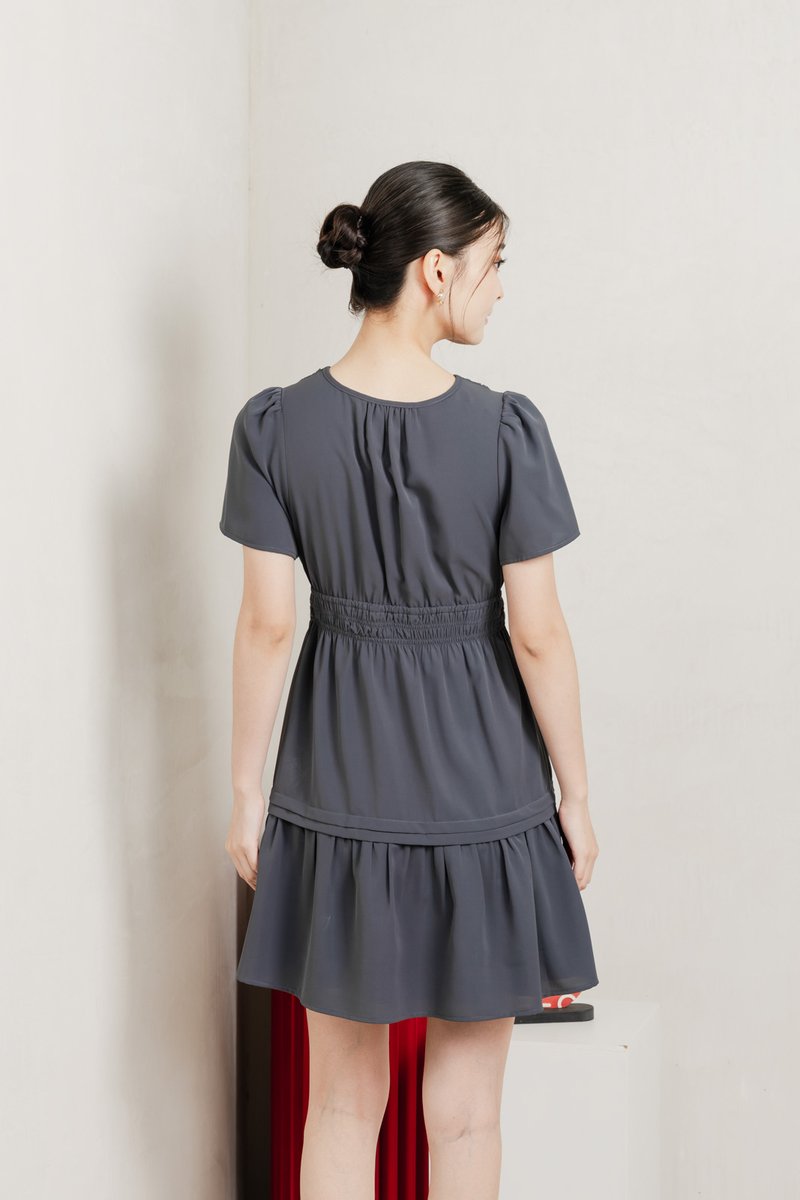 Mia Smocked Waist Pleated Dress In Gunmetal