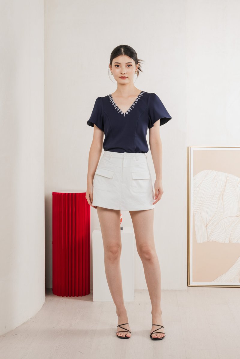 Brittany Embroidery Floral Top In Navy
