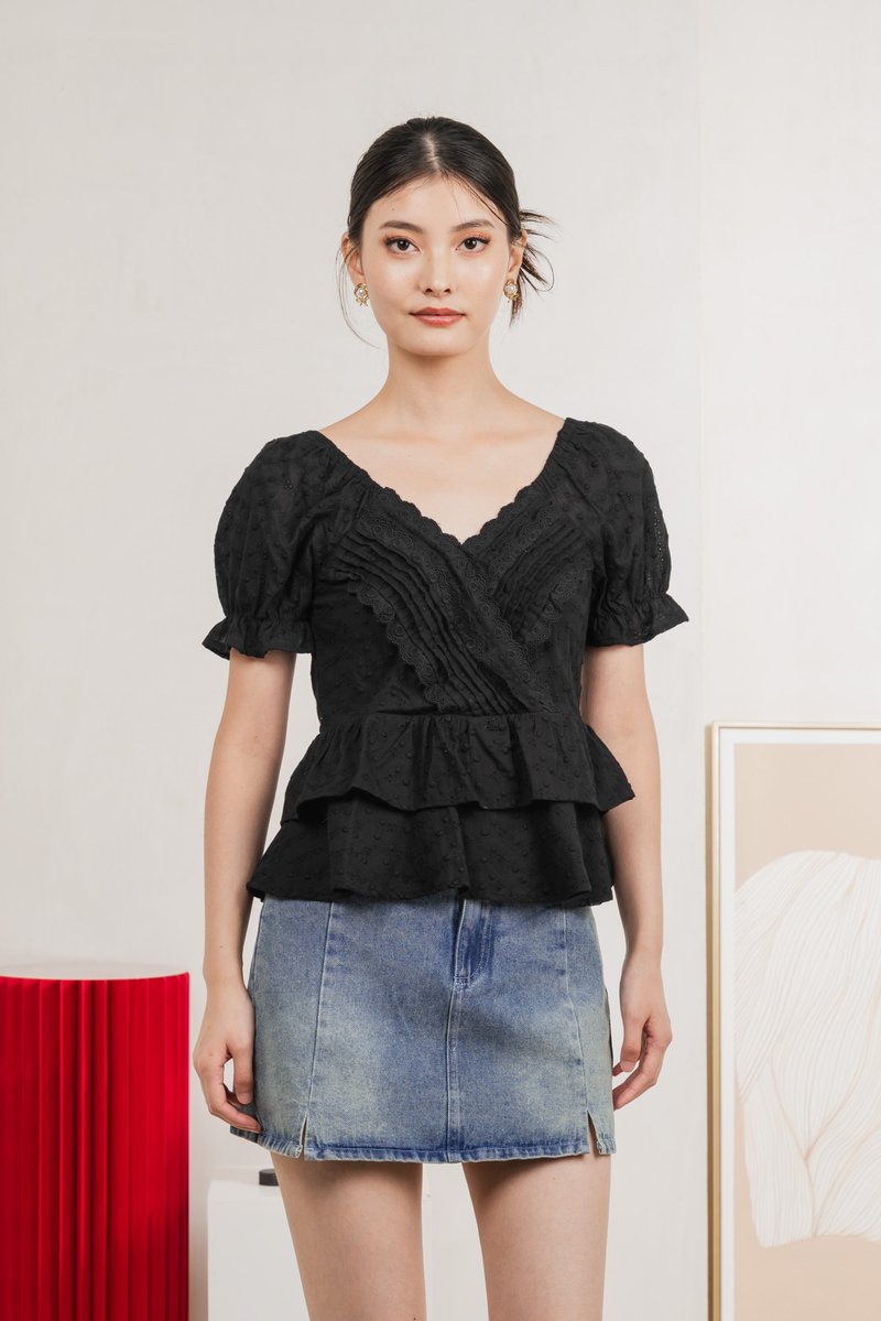 Natalie Eyelet Tiered Top In Black