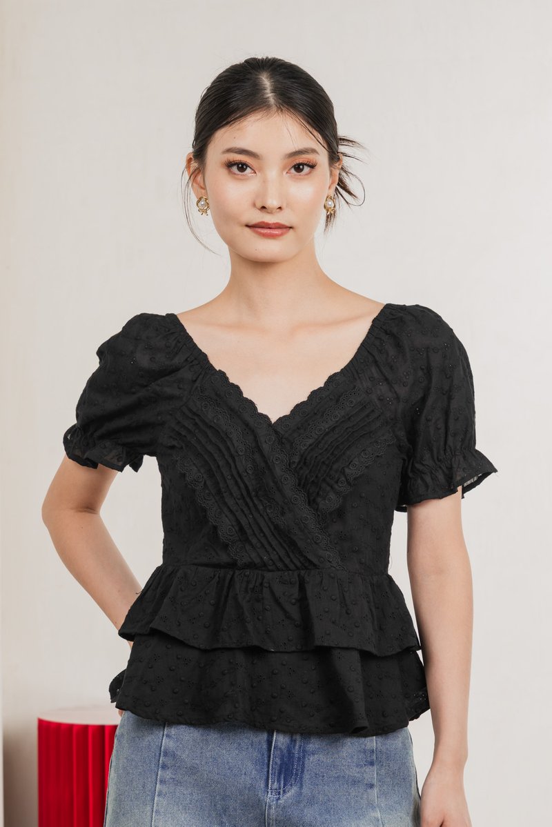 Natalie Eyelet Tiered Top In Black