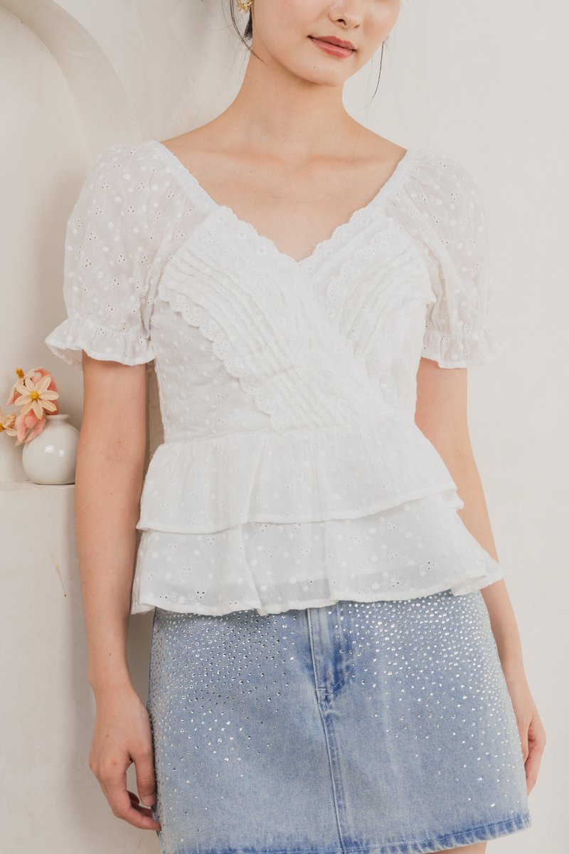 Natalie Eyelet Tiered Top In White