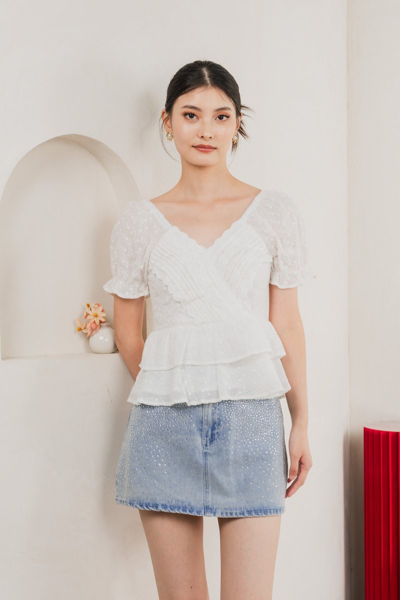Natalie Eyelet Tiered Top In White