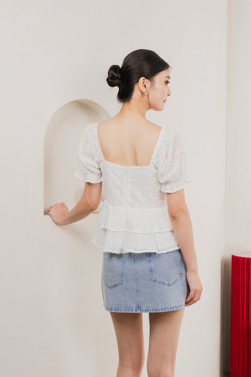 Natalie Eyelet Tiered Top In White