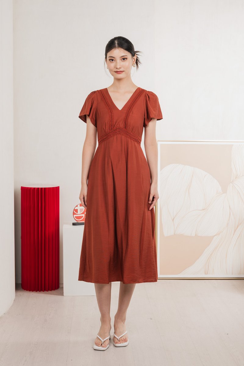 Remi Crochet Flare Sleeve Midi Dress In Rust