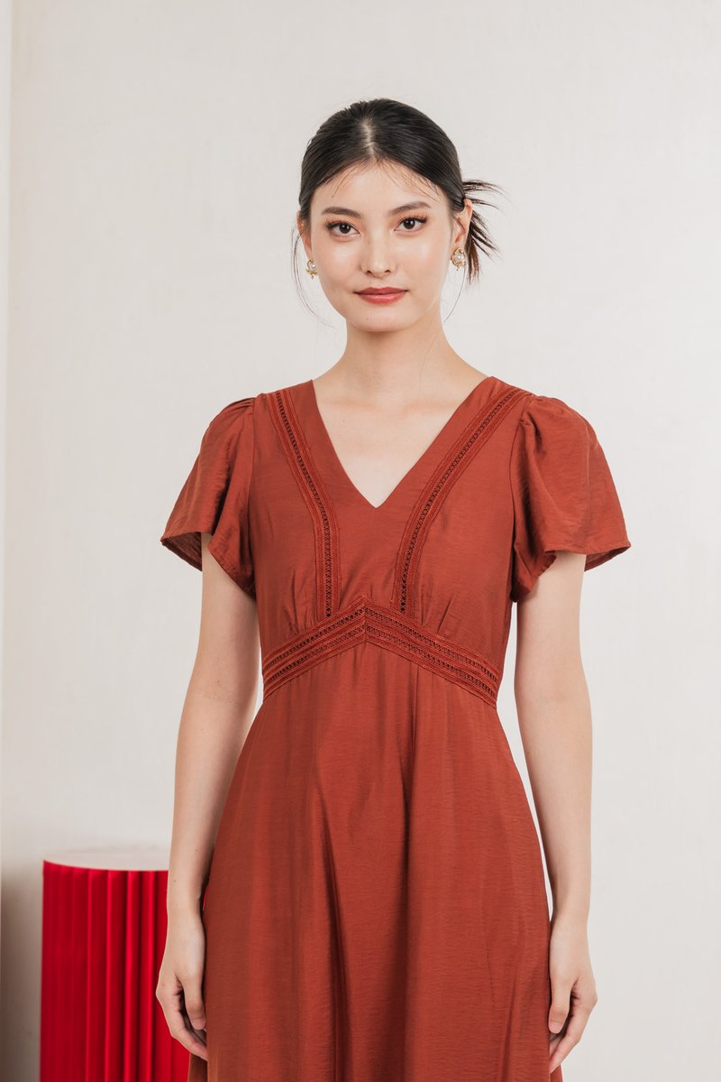 Remi Crochet Flare Sleeve Midi Dress In Rust