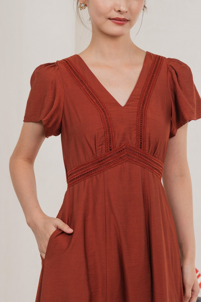 Remi Crochet Flare Sleeve Midi Dress In Rust