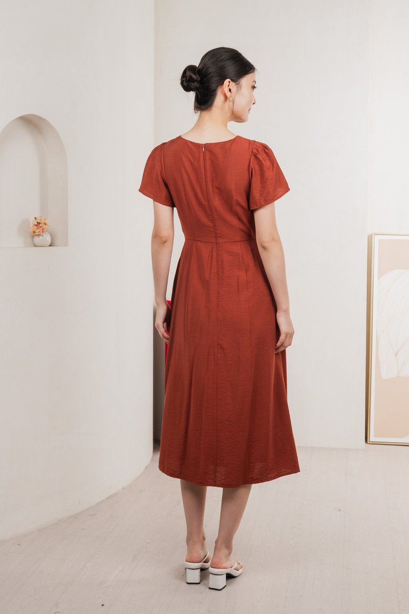 Remi Crochet Flare Sleeve Midi Dress In Rust